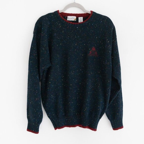 Vintage Oscar De La Renta Blue Maroon Designer 5% Wool Knit Crew Neck Sweater - Picture 1 of 11